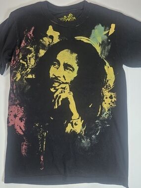 Rock Icons Bob Marley T-Shirt Mens Size‎ Small Black Yellow Graphic Casual Tee